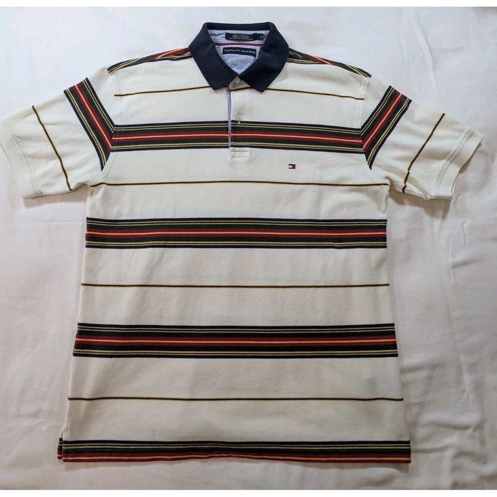 VTG Tommy Hilfiger Polo Shirt Mens Large 90s Vertical Stripe Pique Cotton Multi